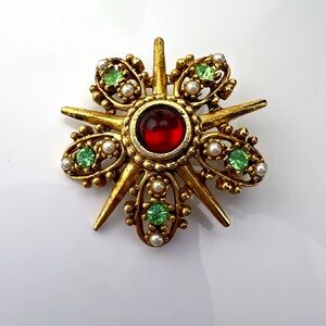 Vintage Gold and Red Brooch with Green Rhinestones and faux pearls 3/$15
